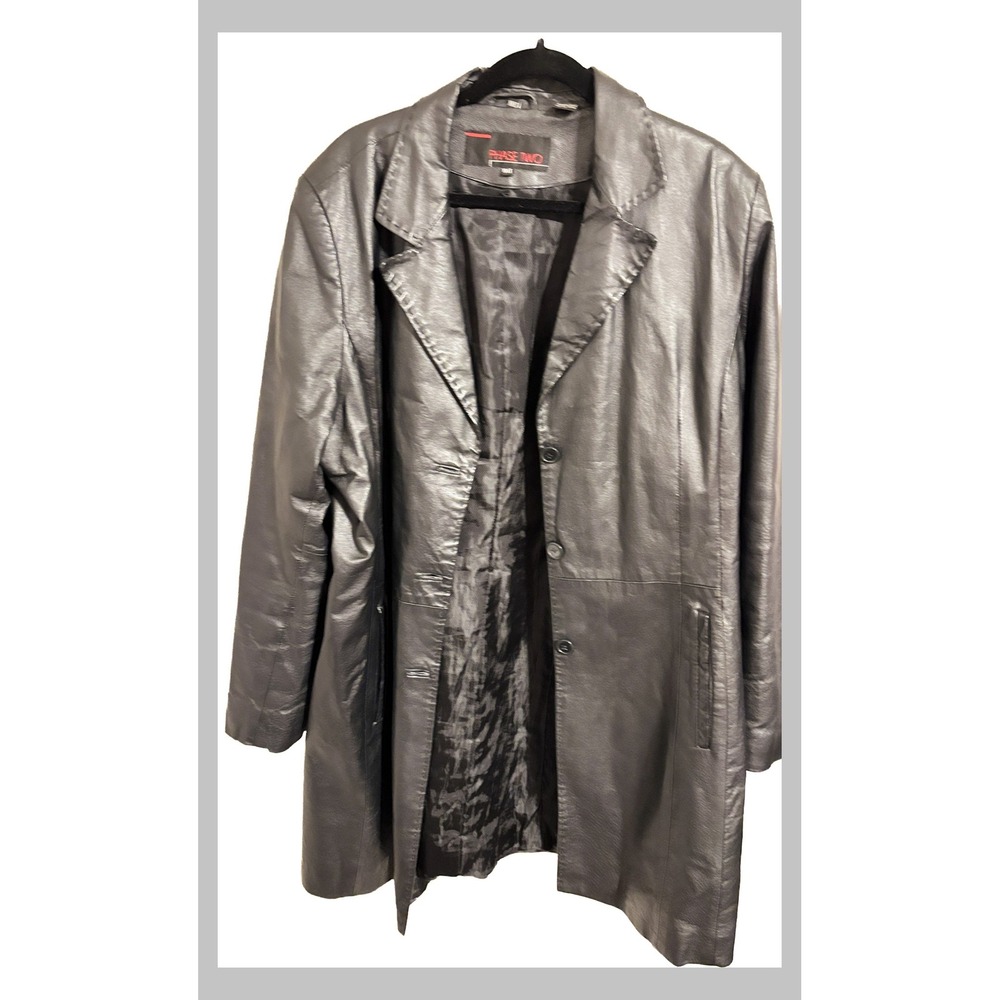 Phase Two Mens Black Leather Coat Longline Button Up Jacket XXLT A.T. 1698